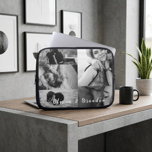 Aangepaste zwart-wit koppel fotocollage namen laptop sleeve