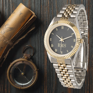 Aangepaste zwarte monogrammen Gold Silver Tone Bra Horloge