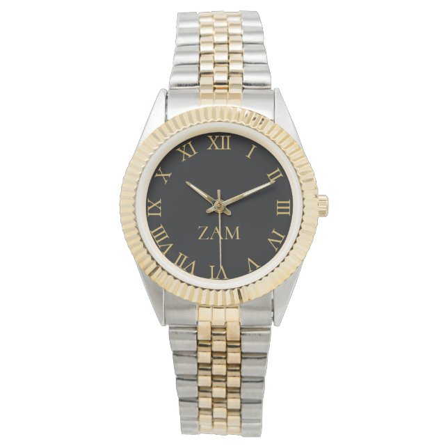 Aangepaste zwarte monogrammen Gold Silver Tone Bra Horloge (Voorkant)