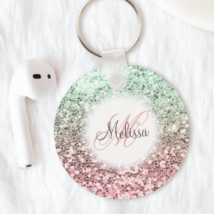Aangepaste zwarte roze groene glitter-monogram naa sleutelhanger