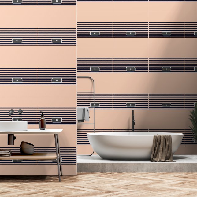 Aangepaste Zwarte & Roze Monogram Strepen Behang (Badkamer)