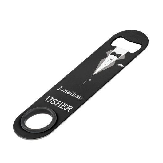 Aangepersonaliseerde bottenopener, Tuxedo Party We Speed Flessenopener (Voorkant Gekanteld)