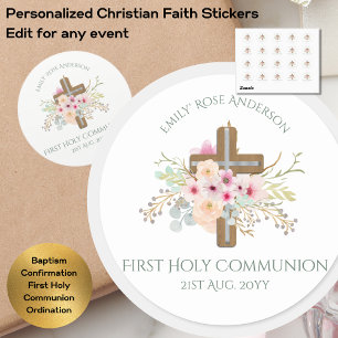 Aangepersonaliseerde Heilige Communie Floral Cross Ronde Sticker