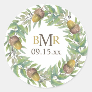 Aangepersonaliseerde Monogram Fall Wedding Acorn W Ronde Sticker