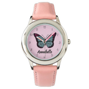 Aangepersonaliseerde naam Glitter Butterfly roze K Horloge