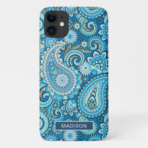 Aangepersonaliseerde naam modern Blue Paisley Patt iPhone 11 Hoesje