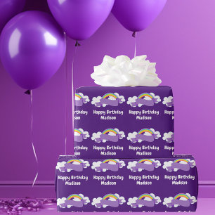 Aangepersonaliseerde Paarse regenboog in Cute  Bir Cadeaupapier
