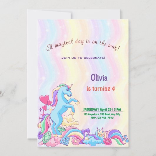 Aangepersonaliseerde Unicorn Birthday Uitnodiging  (Voorkant)