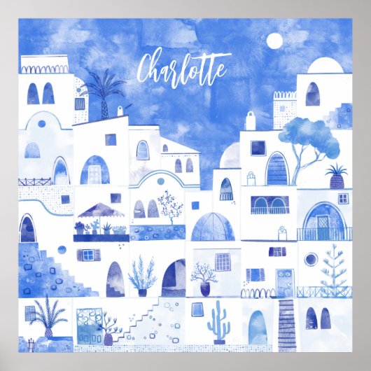 Aangepersonaliseerde Waterverf Santorini Poster (Voorkant)