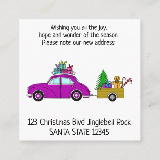 Aankondiging adres paarse auto kerstcadeaus (Achterkant)