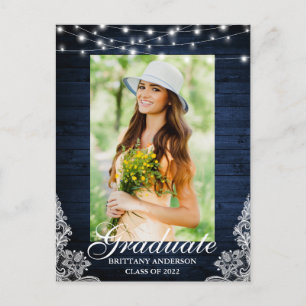Aankondiging Afstuderen blauw houten lace Briefkaart
