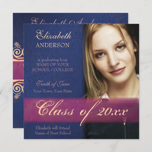 Aankondiging Afstuderen Cobalt Blue Damask Grunge (Voorkant / Achterkant)