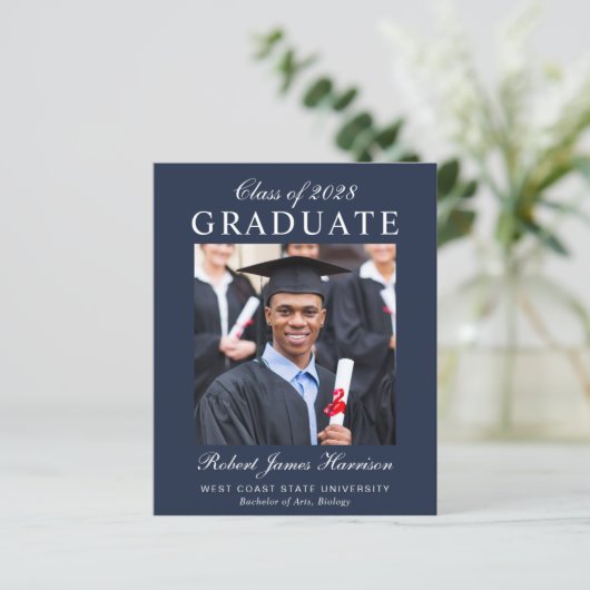 Aankondiging Afstuderen Elegant Photo Blue Budget (Staand voorkant)