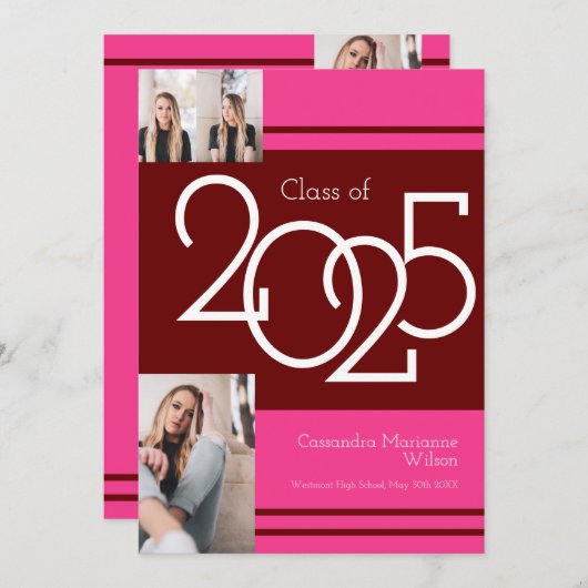 Aankondiging Afstuderen Maroon Pink School Colors (Voorkant / Achterkant)
