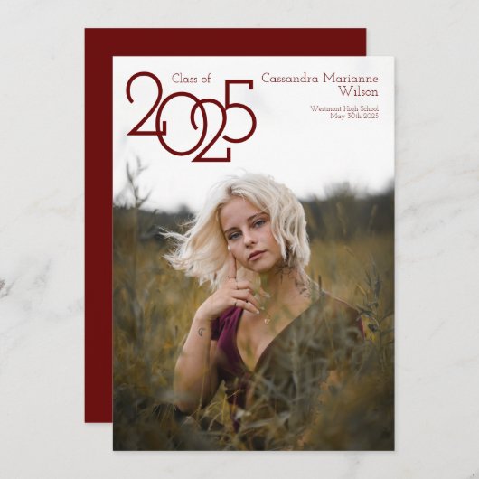 Aankondiging Afstuderen moderne maroon foto (Voorkant / Achterkant)