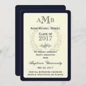 Aankondiging Afstuderen Navy Blue Elegant Monogram (Voorkant / Achterkant)