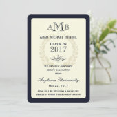 Aankondiging Afstuderen Navy Blue Elegant Monogram (Staand voorkant)