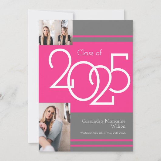 Aankondiging Afstuderen roze grijze schoolkleuren (Voorkant)