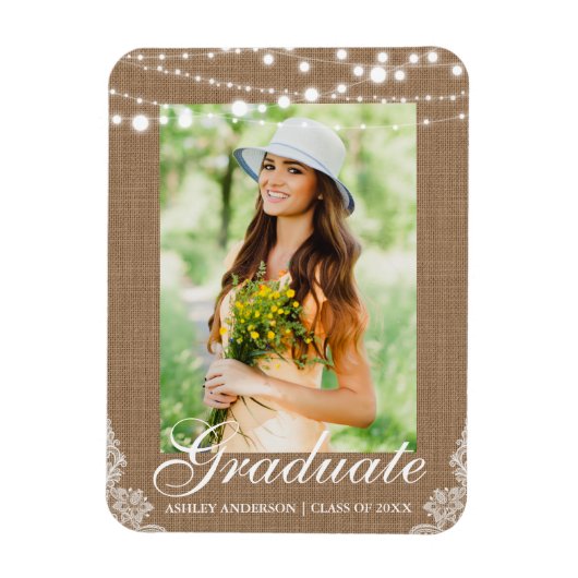 Aankondiging Afstuderen Rustic Burlap Lights Magneet (Verticaal)