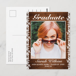 Aankondiging Afstuderen Rustic Wood & White Lace Briefkaart
