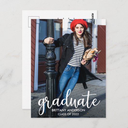 Aankondiging Afstuderen van modern script Foto Briefkaart (Voorkant / Achterkant)