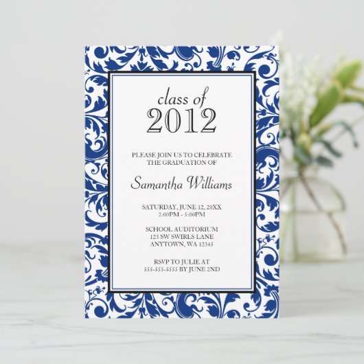Aankondiging blauw zwart Afstuderen Damask (Staand voorkant)