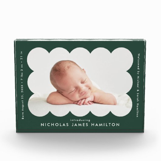 Aankondiging bosgroene moderne gescand geboorte fotoblokken (Voorkant)