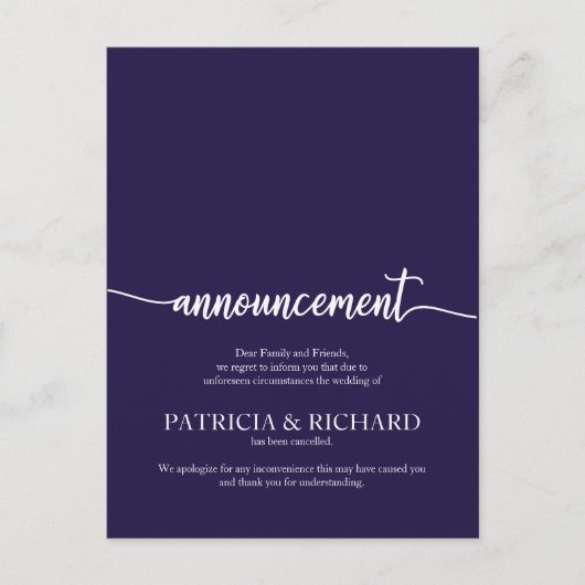 Aankondiging geannuleerd bruiloft Elegant Navy Blu Briefkaart (Voorkant)