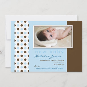 Aankondiging geboorte baby blauwe polka stippen