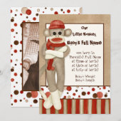 Aankondiging geboorte jongetje met sokken aap (Voorkant / Achterkant)