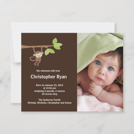 Aankondiging geboorte kleine aap baby jongen foto (Voorkant)