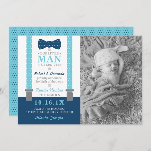 Aankondiging geboorte kleine man, Blauw, Grijs (Voorkant / Achterkant)