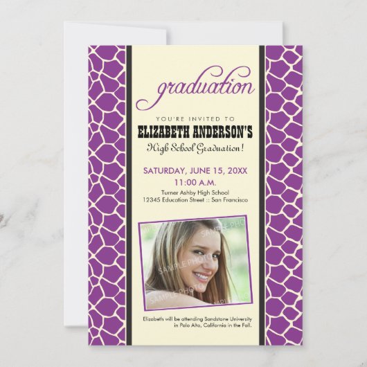 Aankondiging Giraffe Print Afstuderen (paars) (Voorkant)