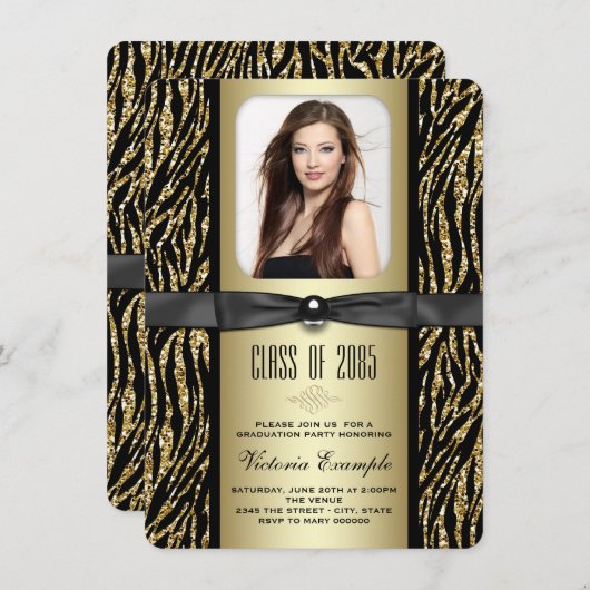 Aankondiging Gold Glitter Zebra Afstuderen (Voorkant / Achterkant)