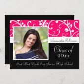 Aankondiging Hot Pink Swirly Vine Foto Afstuderen (Voorkant / Achterkant)