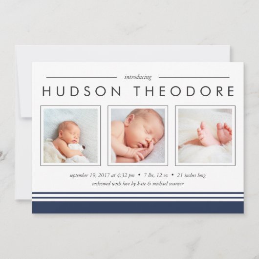 Aankondiging Metro Stripe Birth | marine (Voorkant)