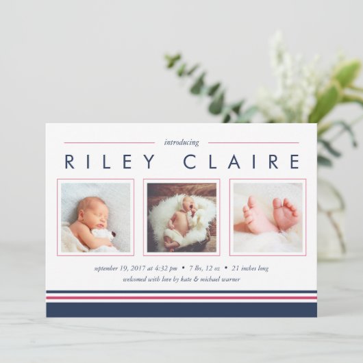 Aankondiging Metro Stripe Birth | Roze en zeemacht (Staand voorkant)