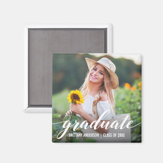 Aankondiging modern script Afstuderen Foto Sq Magneet (Voorkant / Achterkant)