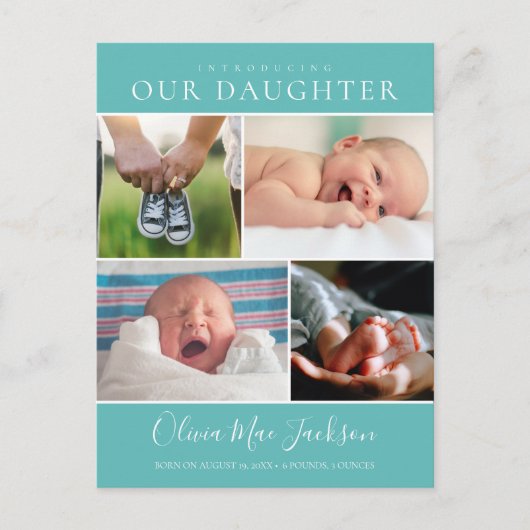 Aankondiging moderne fotocollage Baby Briefkaart (Voorkant)