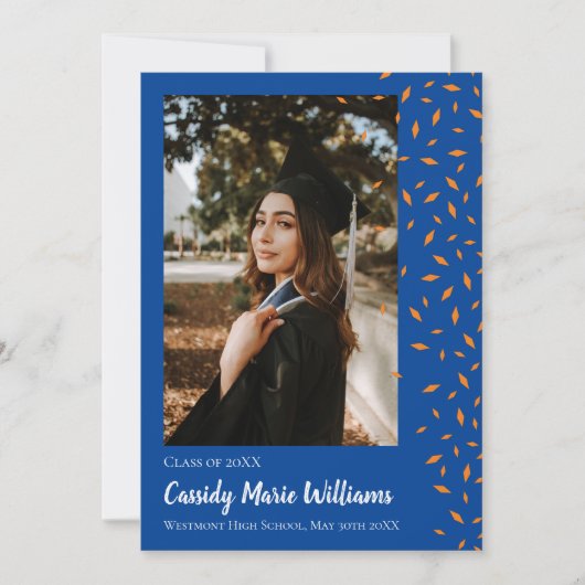 Aankondiging Oranje blauw Confetti Afstuderen (Voorkant)