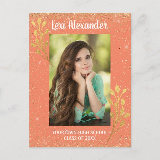 Aankondiging Oranje Gold Glitter Afstuderen (Voorkant)