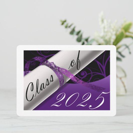 Aankondiging Paars en wit Afstuderen (Staand voorkant)