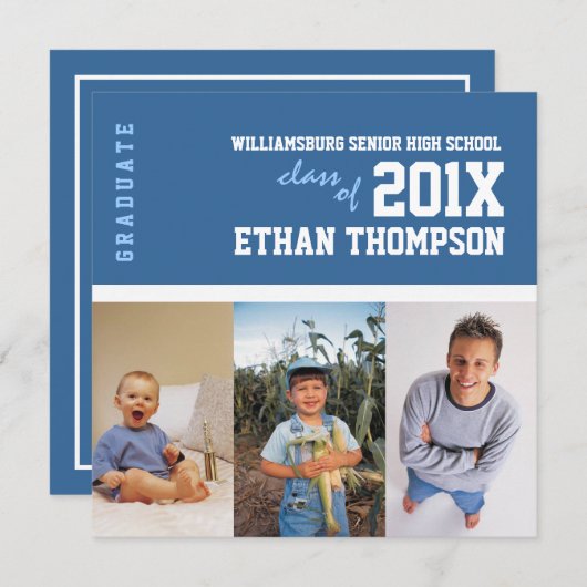 Aankondiging van afstuderen 3 Foto-collage in blau (Voorkant / Achterkant)