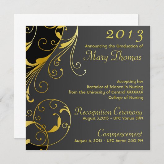 Aankondiging van afstuderen in goud en zwart (Voorkant / Achterkant)