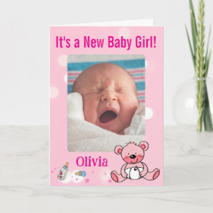 Aankondiging van babymeisje met foto en roze teddy