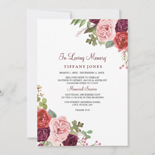 Aankondiging van de Burgundy Floral Memorial Servi (Voorkant)