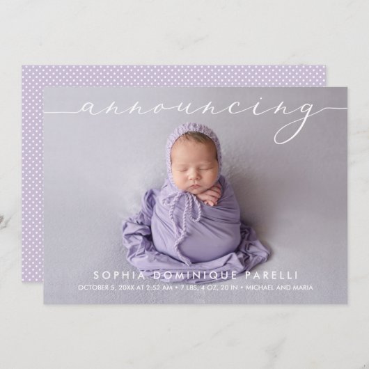 Aankondiging van de geboorteaankondigingen van de  (Voorkant / Achterkant)