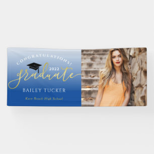 Aankondiging van Elegant Script Gold Blue Afstuder Spandoek