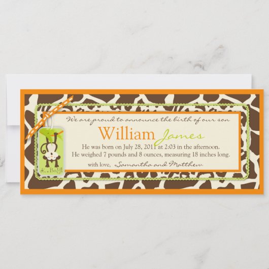 Aankondiging van geboorteprint met aap en fopspeen (Achterkant)