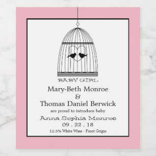  aankondiging van Heart Birdcage Baby Girl Wijn Etiket